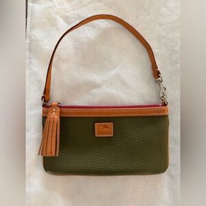 Dooney & Bourke Olive Green and Tan Leather Wristlet with Red Zip
